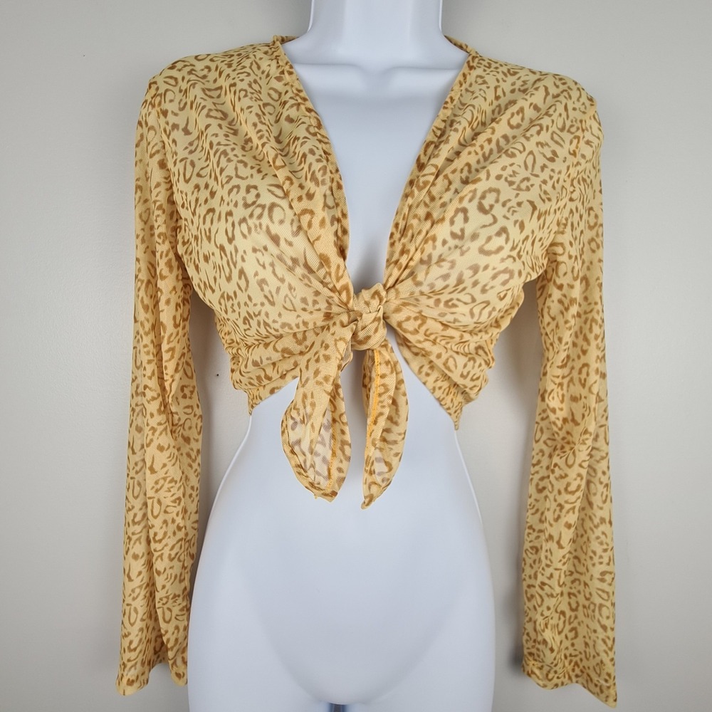 Women's Crop Top Yellow Long Sleeve Animal‎ Print L Knot Tie Festival Cover Up